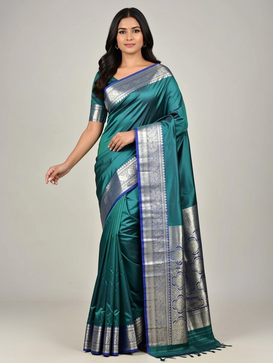 Teal Green Satin Silk Saree with Intricate Silver Zari Border & Floral Motifs | Premium Handwoven Elegance 7041