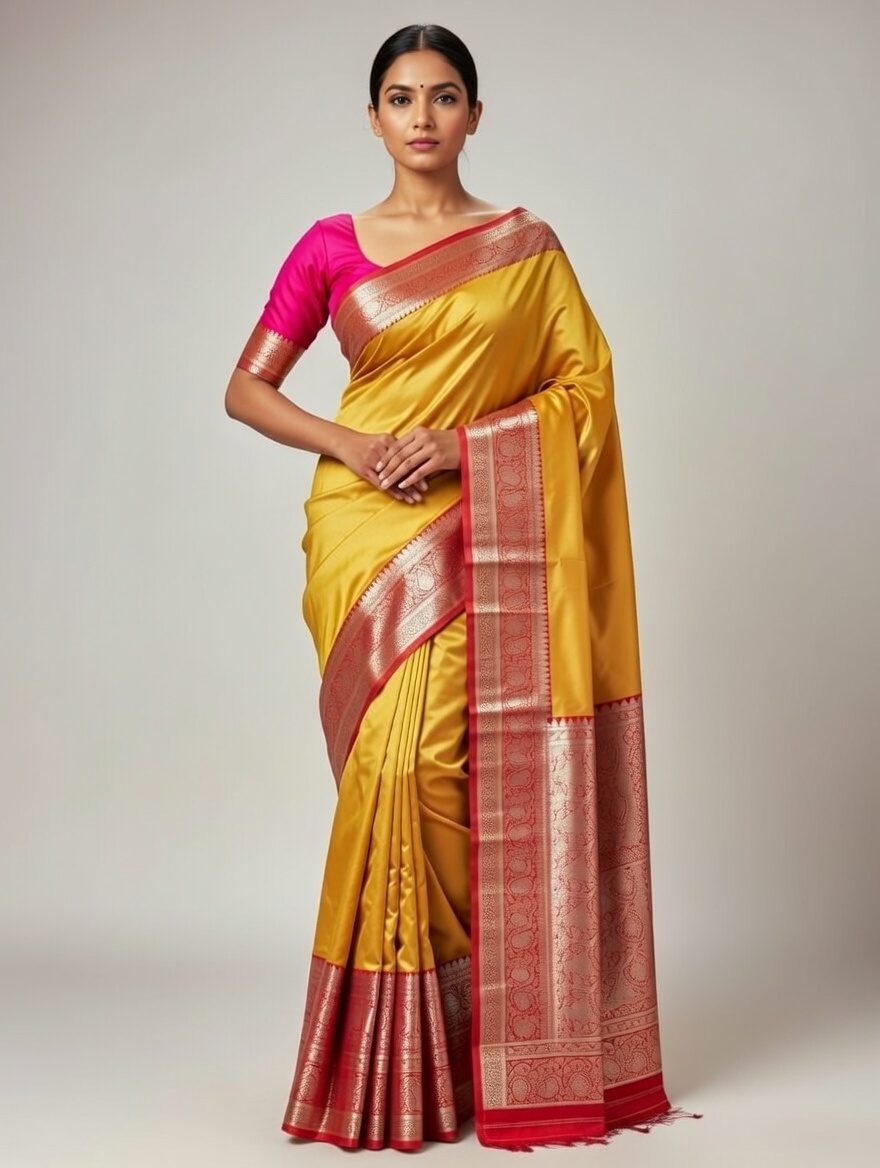 Premium pure silk fabric – soft, light and comfortable Mustard Yellow tone border with silver lace work 7044