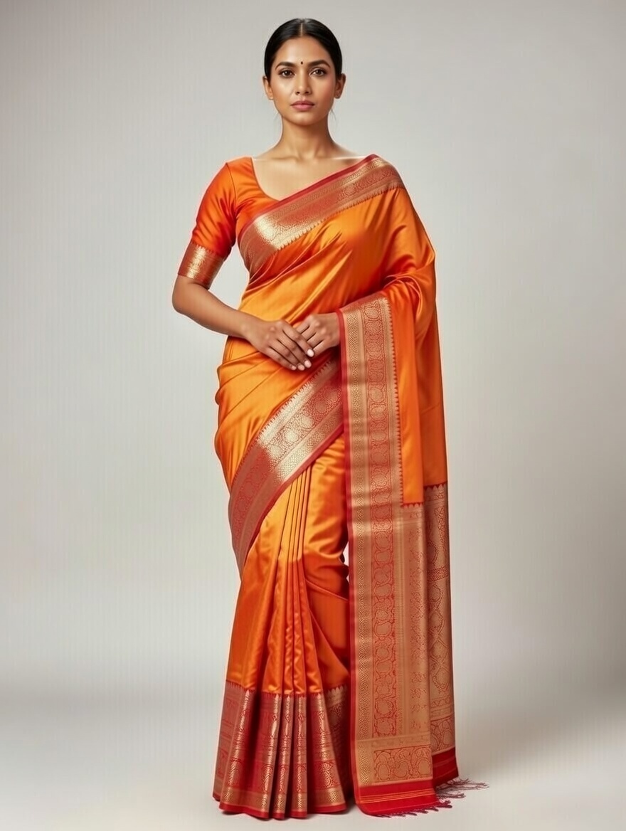 Premium pure silk fabric – soft, light and comfortable Red-orange double tone border with silver lace work 7043